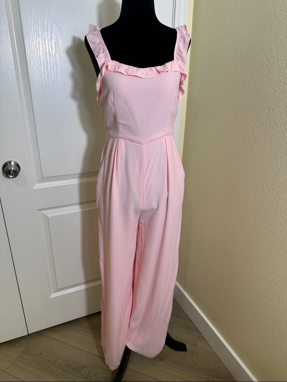 More To Come Brand Pink Ruffle-Strap Wide-Leg Jumpsuit with pockets. NWT. SMALL